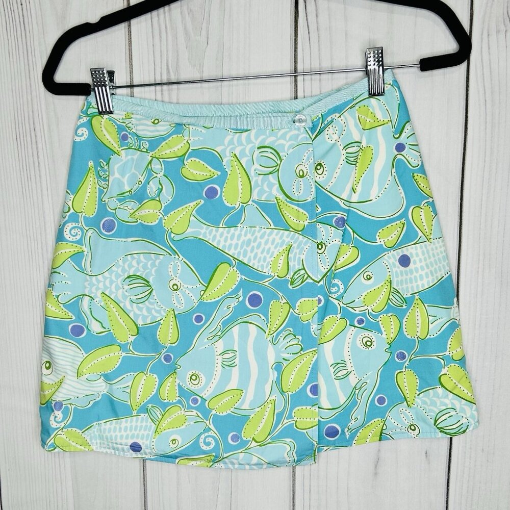 Lilly Pulitzer Wrap Skirt Blue Aqua Nautical Fish Atlantis Print Size 10 Vintage
